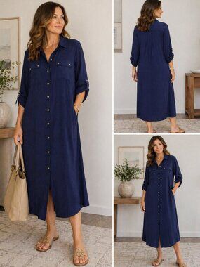 Chico’s Blue Button Front Shirt Dress Long Sleeve Utility Midi Maxi Sz 3 (XL)